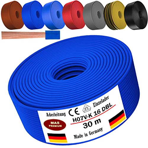 Von 5 bis 100m Aderleitung H07 V-K 16 mm² Schwarz, Braun, Dunkelblau, Grüngelb, Grau, Hellblau oder Rot Einzelader flexibel (Dunkelblau, 30m) von MAS Premium