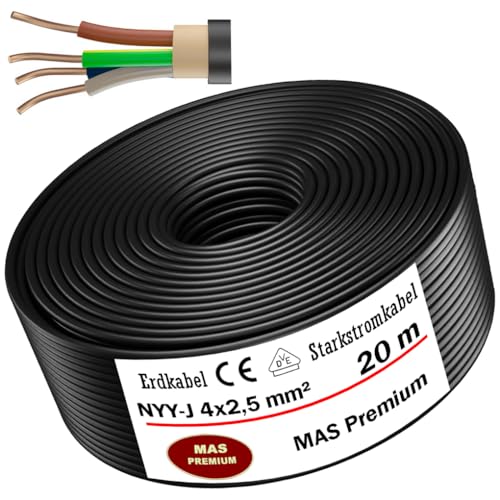 Erdkabel Stromkabel 5, 10, 15, 20, 25, 30, 35, 40, 50, 60, 70, 75, 80, 90 oder 100m NYY-J 4x2,5 mm² Elektrokabel Ring zur Verlegung im Freien, Erdreich (20 m) von MAS-Premium