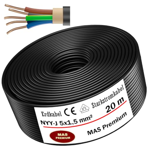Erdkabel Stromkabel von 5m bis 130m NYY-J 5x1,5 mm² Elektrokabel Ring zur Verlegung im Freien, Erdreich (20m) von MAS Premium