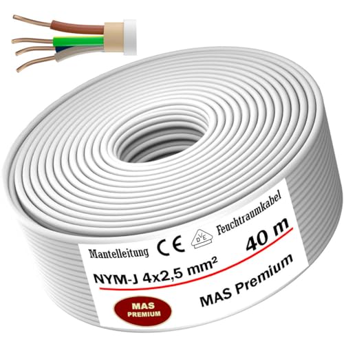 Feuchtraumkabel Stromkabel von 5m bis 100m Mantelleitung NYM-J 4x2,5 mm² Elektrokabel Ring für feste Verlegung (40m) von MAS-Premium