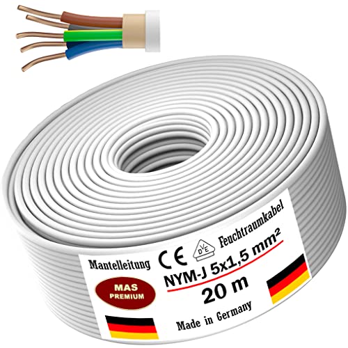 Feuchtraumkabel Stromkabel Von 5m bis 170m Mantelleitung NYM-J 5x1,5 mm² Elektrokabel Ring für feste Verlegung (20 m) von MAS-Premium