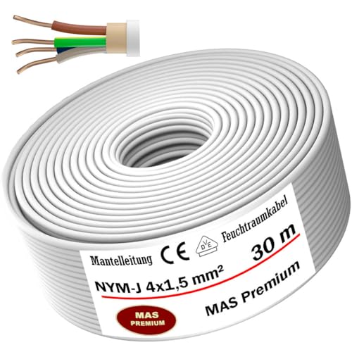 Feuchtraumkabel Stromkabel von 5m bis 100m Mantelleitung NYM-J 4x1,5 mm² Elektrokabel Ring für feste Verlegung (30m) von MAS-Premium