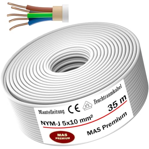 Feuchtraumkabel Stromkabel 5, 10, 15, 20, 25, 30 oder 35m Mantelleitung NYM-J 5x10 mm² Elektrokabel Ring für feste Verlegung (35m) von MAS-Premium