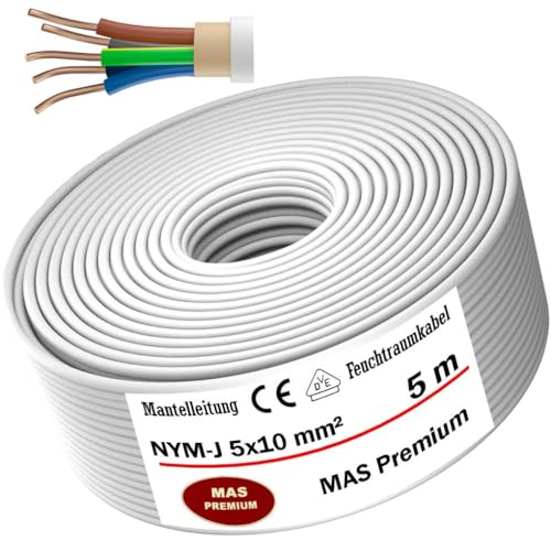Feuchtraumkabel Stromkabel 5, 10, 15, 20, 25, 30 oder 35m Mantelleitung NYM-J 5x10mm² Elektrokabel Ring für feste Verlegung (5m) von MAS-Premium