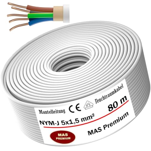 Feuchtraumkabel Stromkabel Von 5m bis 170m Mantelleitung NYM-J 5x1,5 mm² Elektrokabel Ring für feste Verlegung (80 m) von MAS Premium