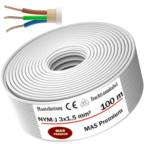 Feuchtraumkabel Stromkabel Von 5m bis 200m Mantelleitung NYM-J 3x1,5 mm² Elektrokabel Ring für feste Verlegung (100m) von MAS-Premium