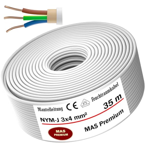 Feuchtraumkabel Stromkabel von 5 bis 100m Mantelleitung NYM-J 3x4 mm² Elektrokabel Ring für feste Verlegung (35m) von MAS-Premium