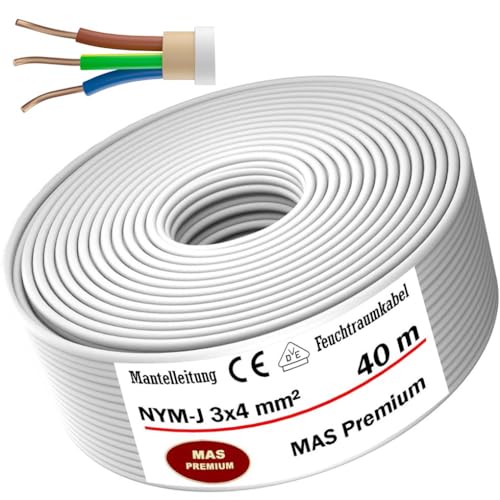 Feuchtraumkabel Stromkabel von 5 bis 100m Mantelleitung NYM-J 3x4 mm² Elektrokabel Ring für feste Verlegung (40m) von MAS-Premium