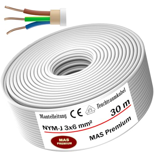 Feuchtraumkabel Stromkabel von 5 bis 80m Mantelleitung NYM-J 3x6 mm² Elektrokabel Ring für feste Verlegung (30m) von MAS-Premium