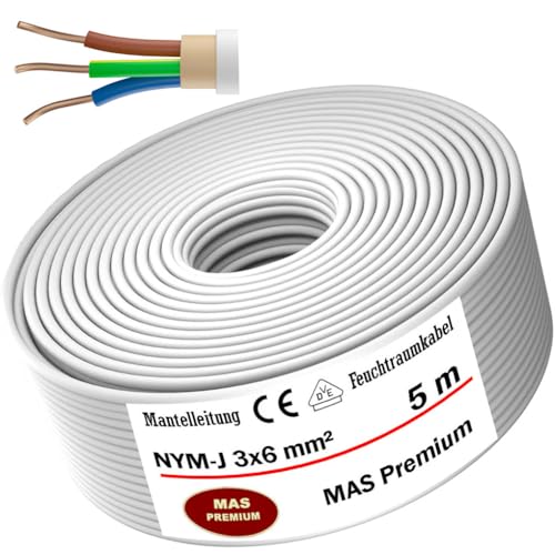 Feuchtraumkabel Stromkabel von 5 bis 80m Mantelleitung NYM-J 3x6 mm² Elektrokabel Ring für feste Verlegung (5 m) von MAS-Premium