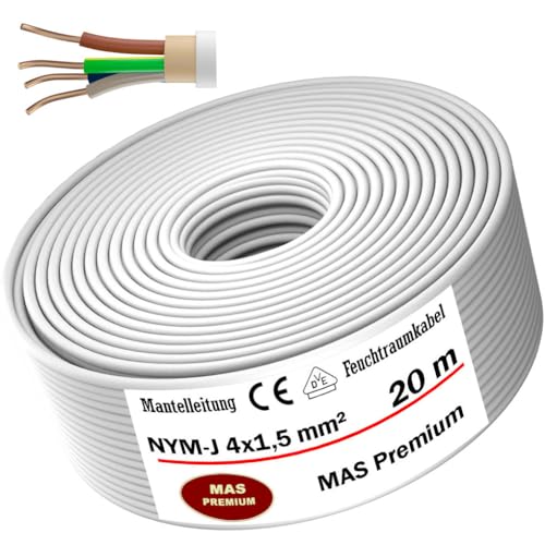 Feuchtraumkabel Stromkabel von 5m bis 100m Mantelleitung NYM-J 4x1,5 mm² Elektrokabel Ring für feste Verlegung (20 m) von MAS-Premium