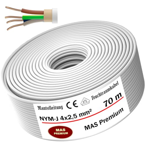 Feuchtraumkabel Stromkabel von 5m bis 100m Mantelleitung NYM-J 4x2,5 mm² Elektrokabel Ring für feste Verlegung (70m) von MAS-Premium