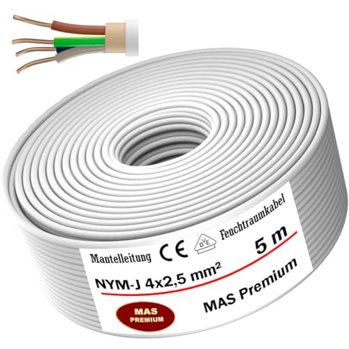 Feuchtraumkabel Stromkabel von 5m bis 100m Mantelleitung NYM-J 4x2,5 mm² Elektrokabel Ring für feste Verlegung (5 m) von MAS-Premium