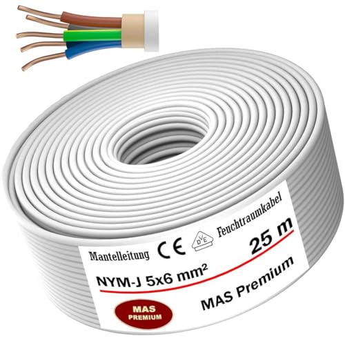 Feuchtraumkabel Stromkabel von 5m bis 50m Mantelleitung NYM-J 5x6 mm² Elektrokabel Ring für feste Verlegung (25m) von MAS-Premium