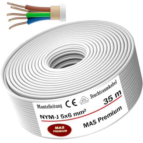 Feuchtraumkabel Stromkabel von 5m bis 50m Mantelleitung NYM-J 5x6 mm² Elektrokabel Ring für feste Verlegung (35m) von MAS-Premium