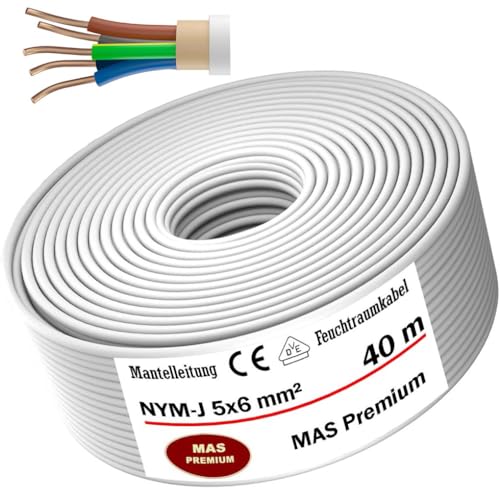 Feuchtraumkabel Stromkabel von 5m bis 50m Mantelleitung NYM-J 5x6 mm² Elektrokabel Ring für feste Verlegung (40m) von MAS-Premium