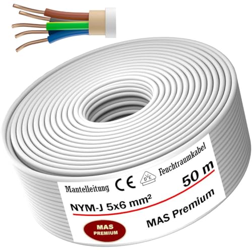 Feuchtraumkabel Stromkabel von 5m bis 50m Mantelleitung NYM-J 5x6 mm² Elektrokabel Ring für feste Verlegung (50m) von MAS-Premium