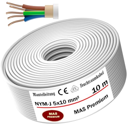 MAS-Premium® Feuchtraumkabel Stromkabel Mantelleitung Elektrokabel Ring zur Verlegung über, auf, in und unter Putz, in trockenen, feuchten und nassen Räumen - Made in Germany (NYM-J 5x10 mm², 10m) von MAS Premium