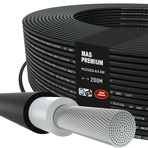 MAS-Premium Solarkabel H1Z2Z2-K, Solarleitung 4mm², TÜV-2 zertifiziert, Halogenfrei, doppelt isoliert. Frei bewegliche oder feste Verlegung in Photovoltaikanlagen. Länge: 5 bis 200m (Schwarz, 200m) von MAS Premium