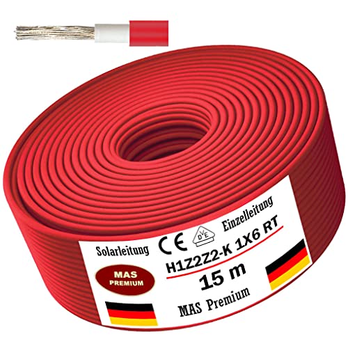 Solarleitung H1Z2Z2-K 4, 6, oder 10 mm² Von 5 bis 200m Solarkabel Schwarz, Rot oder Blau Erdverlegbare Einzelleitung Photovoltaik Halogenfrei Doppelt isoliert (H1Z2Z2-K 6, Rot, 15m) von MAS Premium