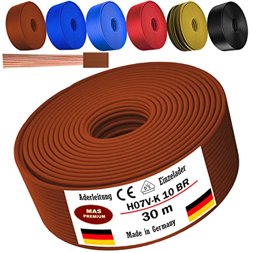 Von 5 bis 100m Aderleitung H07 V-K 10 mm² Schwarz, Braun, Dunkelblau, Grüngelb, Hellblau oder Rot Einzelader flexibel (Braun, 30m) von MAS Premium