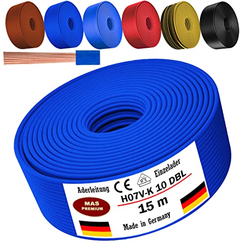 Von 5 bis 100m Aderleitung H07 V-K 10 mm² Schwarz, Braun, Dunkelblau, Grüngelb, Hellblau oder Rot Einzelader flexibel (Dunkelblau, 15m) von MAS Premium