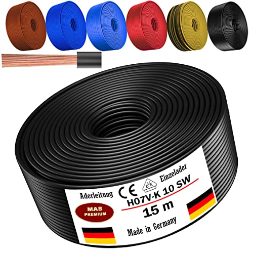Von 5 bis 100m Aderleitung H07 V-K 10 mm² Schwarz, Braun, Dunkelblau, Grüngelb, Hellblau oder Rot Einzelader flexibel (Schwarz, 15m) von MAS Premium