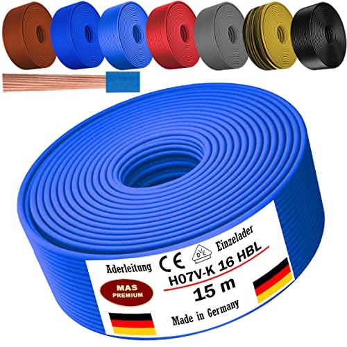 Von 5 bis 100m Aderleitung H07 V-K 16 mm² Schwarz, Braun, Dunkelblau, Grüngelb, Grau, Hellblau oder Rot Einzelader flexibel (Hellblau, 15m) von MAS Premium