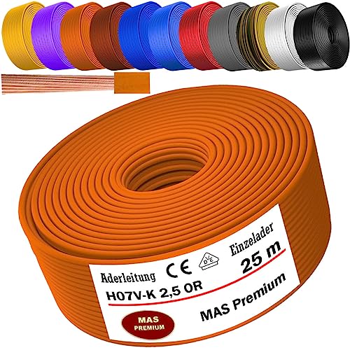 Von 5 bis 100m Aderleitung H07 V-K 2,5 mm² Schwarz, Hellblau, Grün/Gelb, Rot, Dunkelblau, Braun, Orange, Grau, Weiß, Violett oder Gelb Einzelader flexibel (Orange, 25m) von MAS Premium