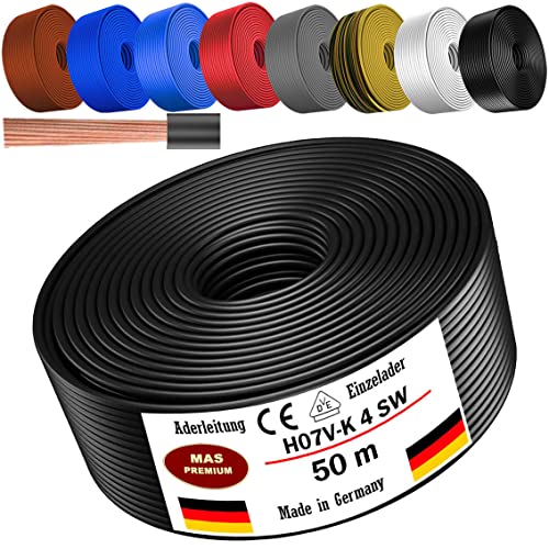 Von 5 bis 100m Aderleitung H07 V-K 4 mm² Schwarz, Braun, Dunkelblau, Grüngelb, Grau, Hellblau, Weiß oder Rot Einzelader flexibel (Schwarz, 50m) von MAS Premium