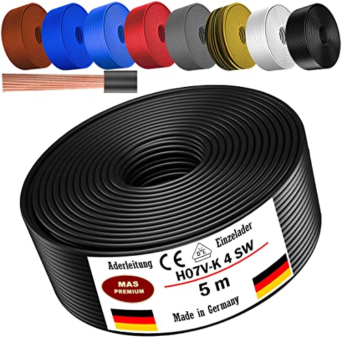 Von 5 bis 100m Aderleitung H07 V-K 4 mm² Schwarz, Braun, Dunkelblau, Grüngelb, Grau, Hellblau, Weiß oder Rot Einzelader flexibel (Schwarz, 5m) von MAS Premium