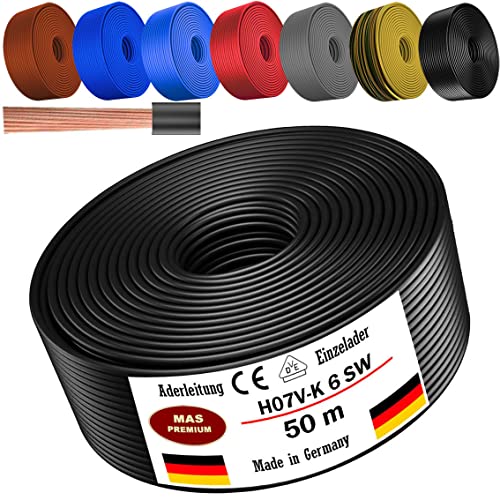 Von 5 bis 100m Aderleitung H07 V-K 6 mm² Schwarz, Braun, Dunkelblau, Grüngelb, Grau, Rot oder Hellblau Einzelader flexibel (Schwarz, 50m) von MAS Premium