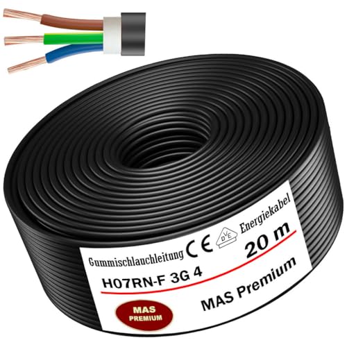 Von 5 bis 100m Gummischlauchleitung Energiekabel Baustellenkabel H07RN-F 3G4 mm² Flexibel Leitung mit Schutzleiter für schweren Geräten (20m) von MAS Premium