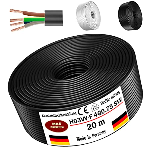 Von 5 bis 100m Kunststoffschlauchleitung H03VV-F 4G0,75 Schwarz oder Weiß Flexible Leitung Kabel Leitung Gerätekabel (Schwarz, 20m) von MAS Premium