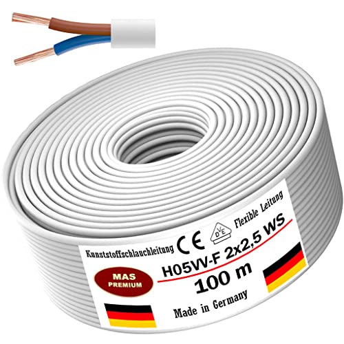 Von 5 bis 100m Kunststoffschlauchleitung H05VV-F 2x0,75; 2x1; 2x1,5 oder 2x2,5 Weiß Flexible Leitung Kabel Leitung Gerätekabel (H05VV-F 2x2,5 WS, 100m) von MAS Premium