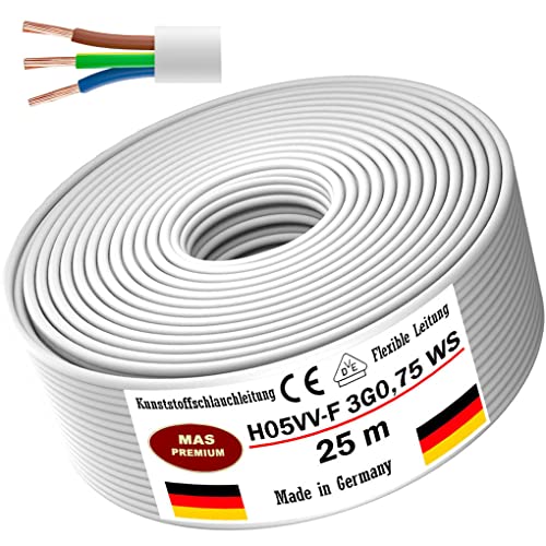 Von 5 bis 100m Kunststoffschlauchleitung H05VV-F 3G0,75; 3G1; 3G1,5 oder 3G2,5 Weiß Flexible Leitung Kabel Leitung Gerätekabel (H05VV-F 3G0,75 WS, 25m) von MAS Premium