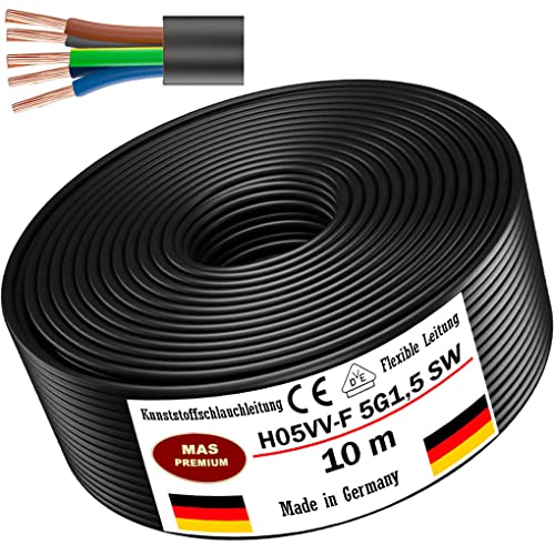 Von 5 bis 100m Kunststoffschlauchleitung H05VV-F 5G0,75; 5G1; 5G1,5 oder 5G2,5 Schwarz Flexible Leitung Kabel Leitung Gerätekabel (H05VV-F 5G1,5 SW, 10m) von MAS Premium