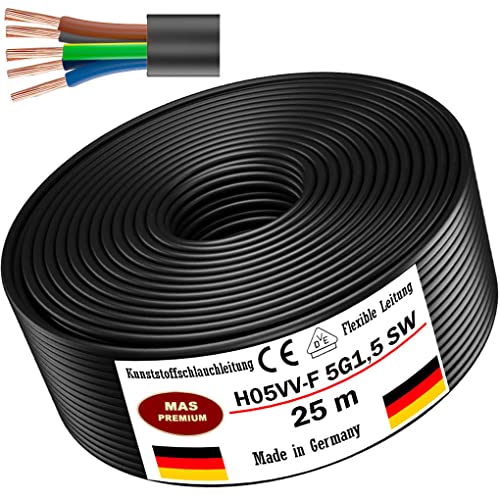 Von 5 bis 100m Kunststoffschlauchleitung H05VV-F 5G0,75; 5G1; 5G1,5 oder 5G2,5 Schwarz Flexible Leitung Kabel Leitung Gerätekabel (H05VV-F 5G1,5 SW, 25m) von MAS Premium