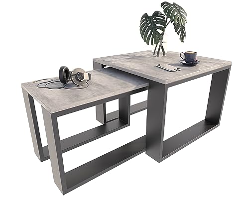 MATKAM Satztisch 2er Set, Couchtisch im Industrie-Stil, hoher Beistelltisch B60 x T60 x H43,3 cm, niedriger Beistelltisch B39 x T39 x H40,8 cm, einfache Montage (Beton) von MATKAM