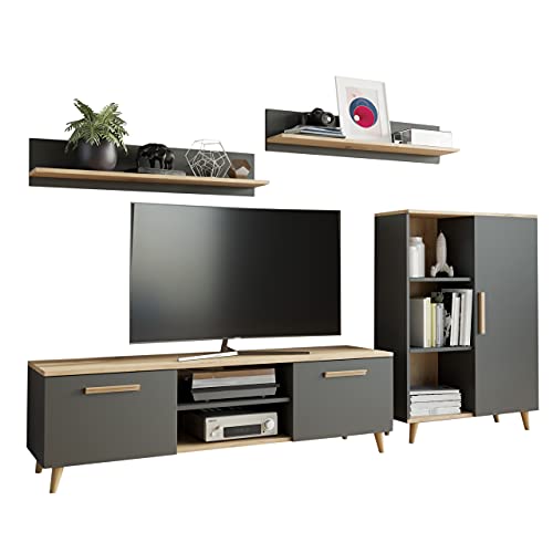 MATKAM Wohnzimmermöbel-Set Oslo, 4-teilig, 1 x TV-Kommode H47x B150 x T40 cm, 1 x Wohnzimmerkommode H112 x B80 x T30cm, 2 x Hängeregale H20 x B100 x T20 cm (Anthrazit-Artisan Eiche) von MATKAM