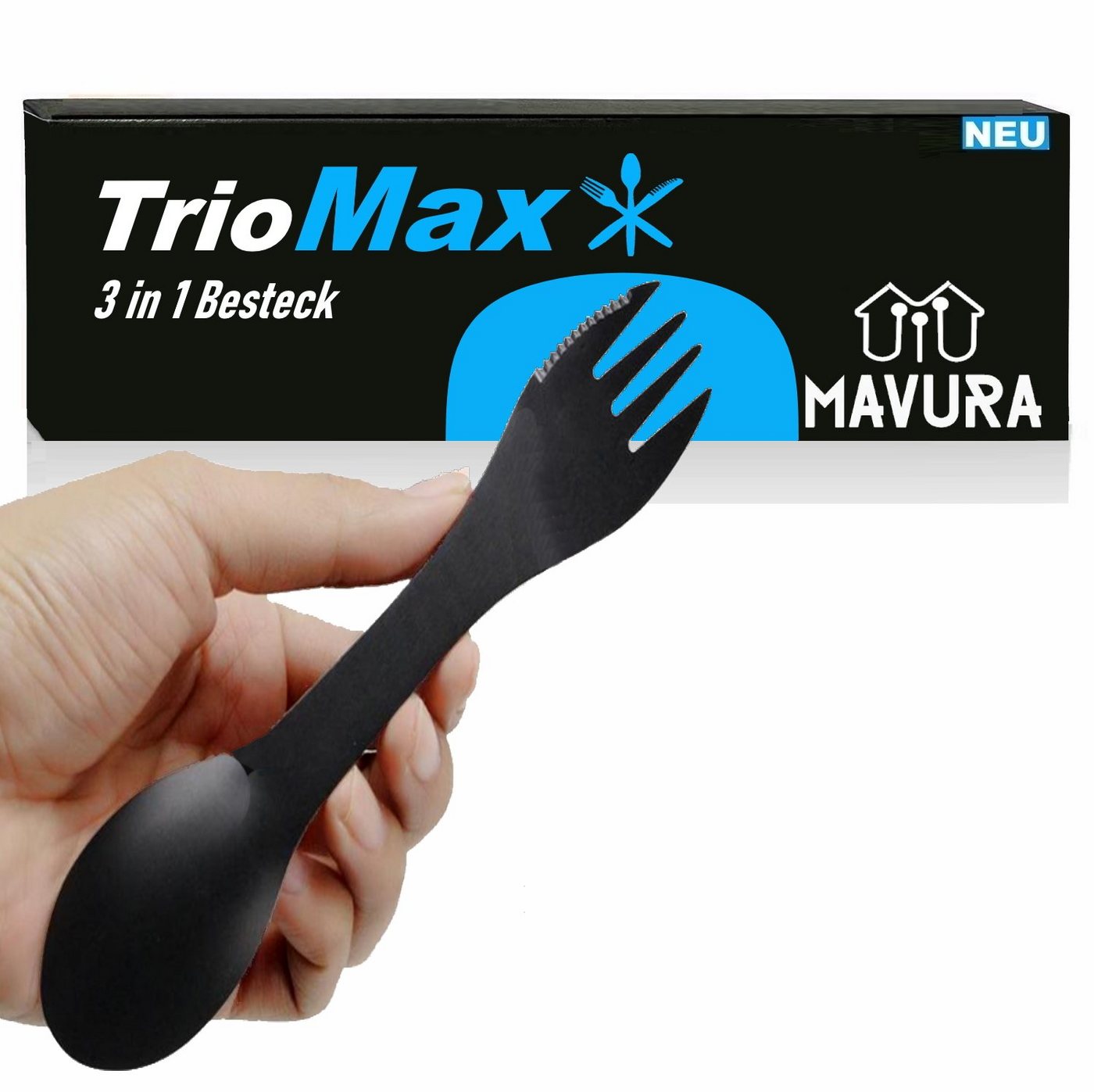 MAVURA Campinglöffel TrioMax 3in1 Camping Besteck Outdoor Löffel Messer Gabel, Reisebesteck Survival Essbesteck Edelstahl schwarz von MAVURA