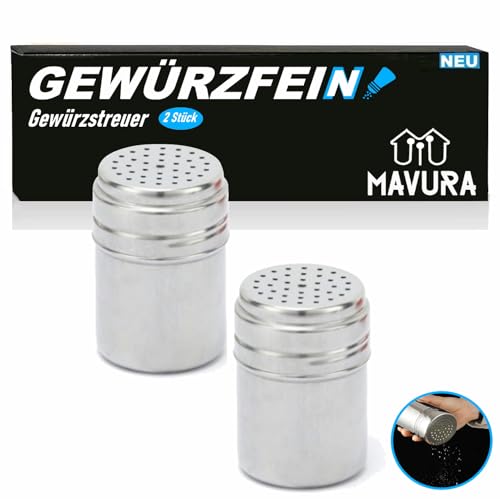 MAVURA Edelstahl Streuer Gewürzdose Gewürz Kakao Puderzucker Puderzuckerstreuer Zuckerstreuer Salzstreuer Kakaostreuer 2mm Lochung [2er Set] von MAVURA