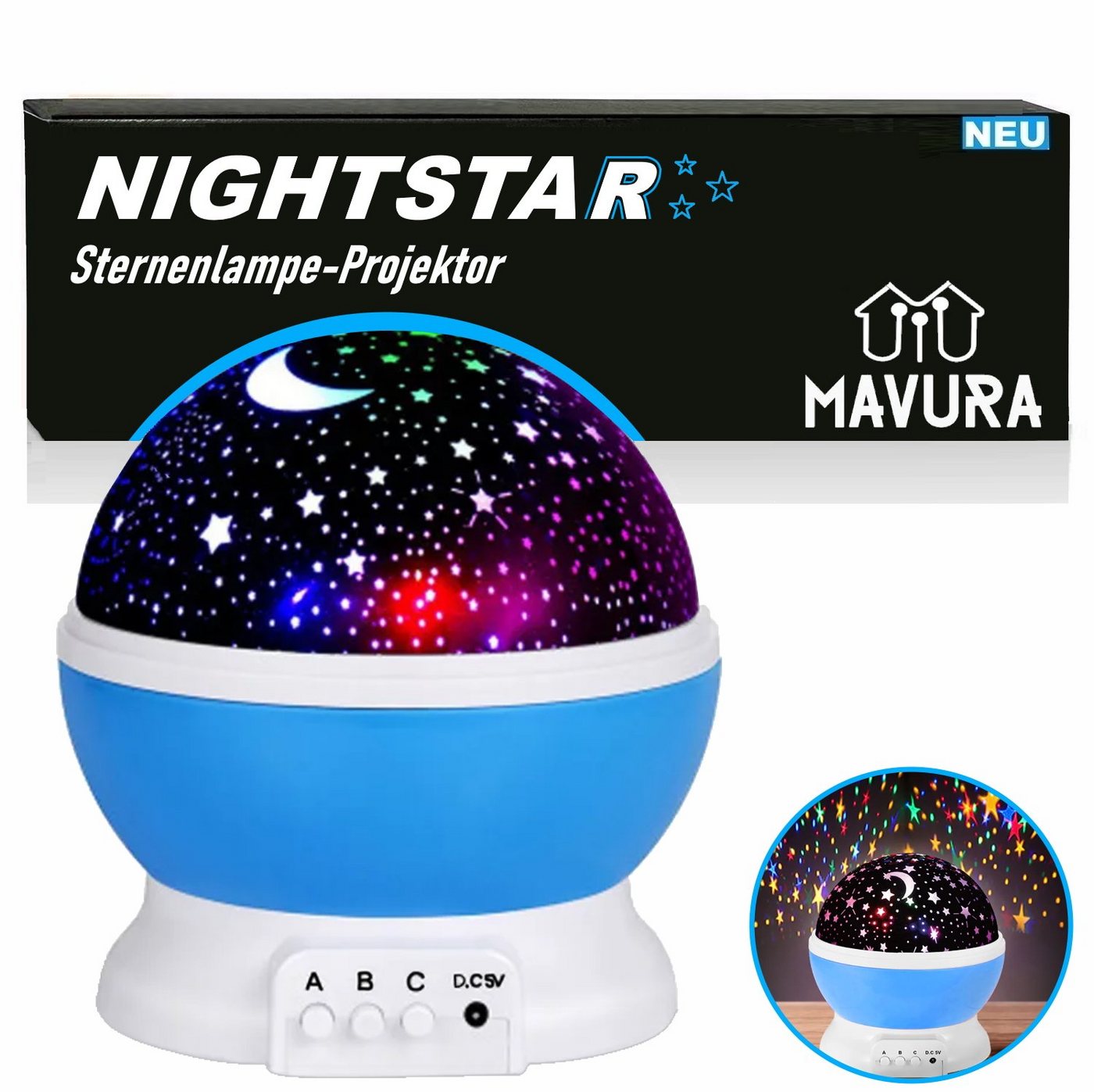 MAVURA LED-Sternenhimmel NIGHTSTAR Sternenhimmel Projektor Kinder Nachtlicht Baby, Sternenlicht 360° Rotation LED 8 Farbig Galaxy Lampe von MAVURA
