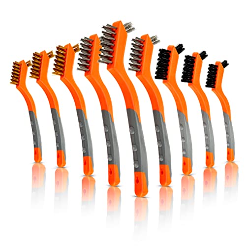 MAXMAN Drahtbürsten-Set, 9 Packungen, Messing, Edelstahl, Nylon, Mini-Bürsten mit gebogenem Griff für die Reinigung von Schweißschlacken, Rost, schmalen Ecken und Detailarbeiten (orange und grau) von MAXMAN