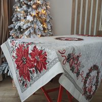 Weihnachten Tischdecke Quadrat Rechteck Luxus Weiß Mit Silber Fäden Rot Poinsettia Und Weihnachtsverzierung X-Mas von TableclothByMystat