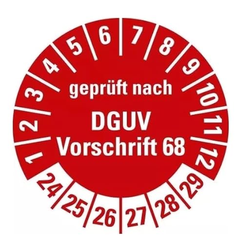 100 Stück – Mehrjahresprüfplakette „DGUV geprüft nach Vorschrift 68 | 24-29“ Etikett Folie Aufkleber, rot | Ø15-40mm Made in Germany, Größe: Ø30 mm von MBS-SIGNS