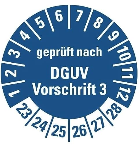 100 Stück – Mehrjahresprüfplakette „geprüft nach DGUV Vorschrift 3 | 23-28“ Etikett Folie Aufkleber, blau | Ø15-40mm Made in Germany, Größe: Ø20 mm von MBS-SIGNS