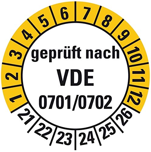 100 Stück - Prüfplakette Mehrjahresprüfplakette"geprüft nach VDE 0701/0702 | 21-26" Etikett Folie Aufkleber | Ø15-40mm Made in Germany, Größe: Ø20 mm von MBS-SIGNS