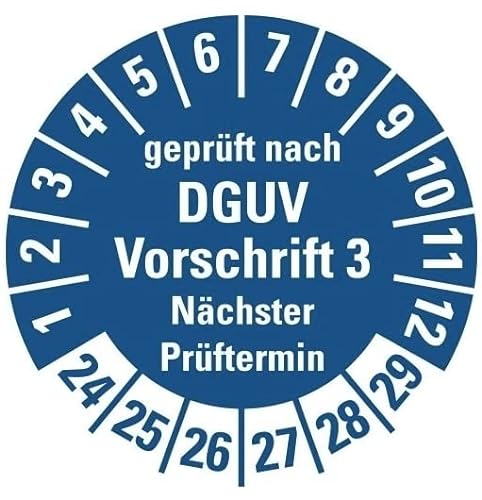 25 Stück – Mehrjahresprüfplakette „geprüft DGUV Vorschrift 3 Nächster Prüftermin 24-29“ Etikett Folie Aufkleber, blau | Ø50mm Made in Germany von MBS-SIGNS