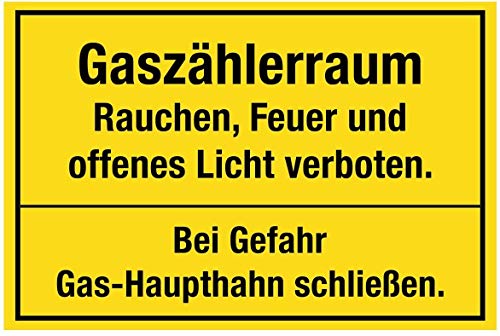 Warnaufkleber Gaszählerraum Rauchen, Feuer und offenes Licht verboten. Bei Gefahr Gas-Haupthahn schließen 20x15 / 30x20 / 40x30cm, signalgelb Made in Germany, Größe: 30x20 cm von MBS-SIGNS